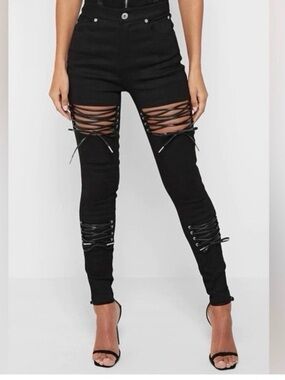NWOT Manière De Voir Lace Up Corset Jeans Black Size 4
